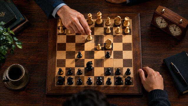 Chessboard with golden and ebony pieces occupies a wooden surface during a game