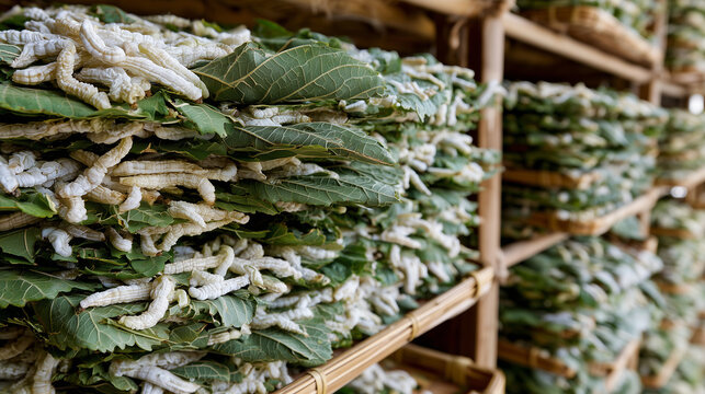 AI-generated images of a silkworm farm, showing a farmer feeding mulberry leaves to the silkworms.