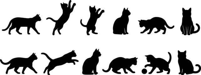 Fototapeta premium Black Cat Silhouette Set Featuring Domestic Pussycat Poses Like Jumping Stretching Stalking Sitting and Playing with Ball for Graphic Icons and Vector Design