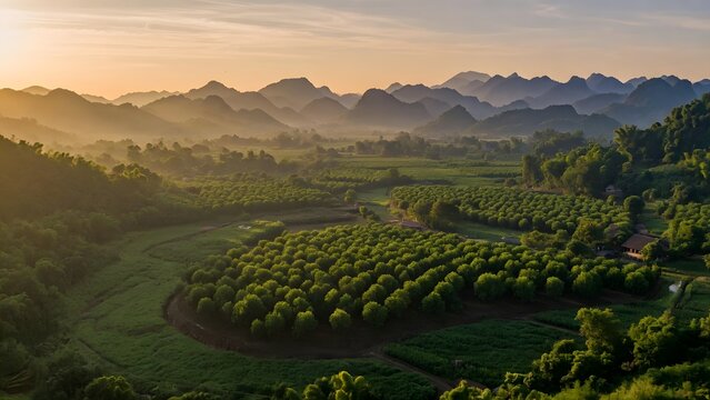 A panoramic view of the picturesque landscape in Ha Tien-Vietnam, expansive cooperative orchards surrounded by ecological buffer zones where traditional farming knowledge is preserved through communit