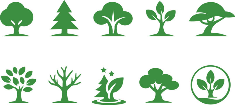 Collection of green tree silhouettes on a white background