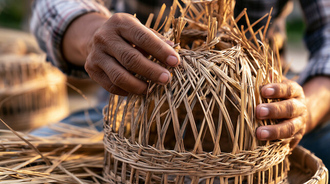 AI-generated images depicting the local way of life, showing community artisans weaving bamboo or rattan into functional containers like baskets and cylinders.