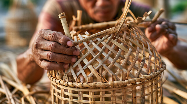 AI-generated images depicting the local way of life, showing community artisans weaving bamboo or rattan into functional containers like baskets and cylinders.