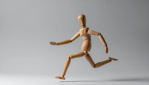 Wooden artist mannequin running in dynamic side view pose