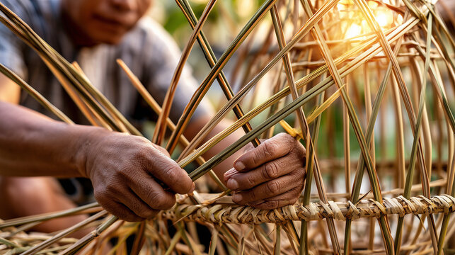 AI-generated images depicting the local way of life, showing community artisans weaving bamboo or rattan into functional containers like baskets and cylinders.