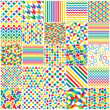 Mega collection of colorful rainbow seamless geometric patterns. Bright multicolor vector background set with endless repeat abstract mosaic, stripe, wave and dot textures for wallpaper, wrapping etc