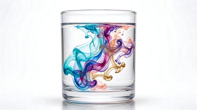 Multicolor liquid swirling within a clear glass against a white background