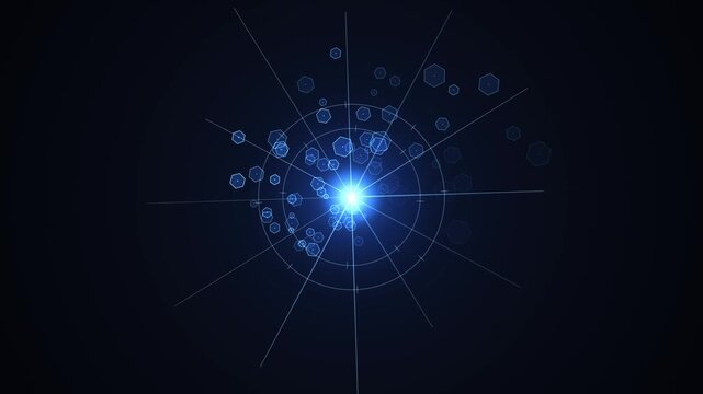 Radiating blue light core with intersecting beams and dispersing hexagonal particles in dark space