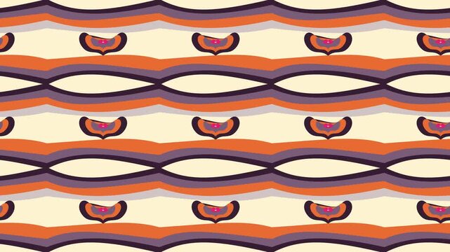 Abstract seamless retro pattern with wavy colorful stripes and curved shapes in orange purple and beige colors