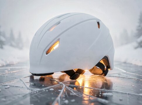 White winter ski helmet resting on cracked frozen lake