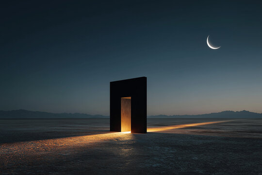 Surreal portal doorway in a desert under a crescent moon
