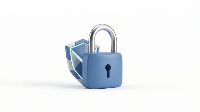 Cyber security 3D padlock and shield icon, blue digital safety lock for data protection, secure privacy firewall illustration on white background