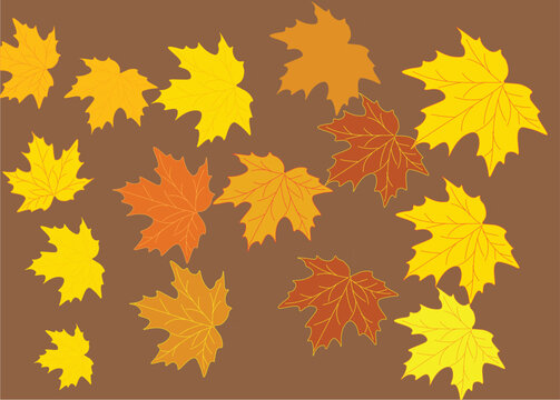 Falling dry leaves. Simple yellow-brown patterns and designs. Hello Autumn. Background for promotional banners, posters, flyers, and covers for autumn products and travel. Vector illustration.