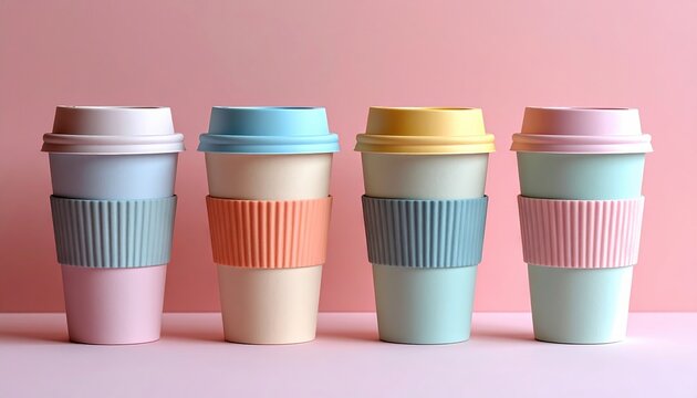 Four pastel reusable coffee cups with silicone sleeves