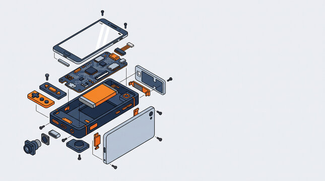 Isometric vector illustration of modular product design and replaceable components with copy space