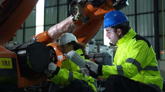 Industrial engineer inspecting a robotic arm machine in an automated manufacturing factory, robotics, automation, smart manufacturing, machine maintenance, quality control and Industry 4.0 technology.