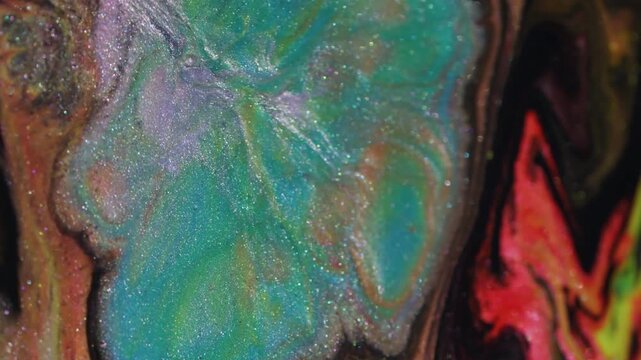 Sparkling paint blob. Spectrum splatter texture. Blue dye spreading on multicolor marble flow. Vivid acrylic abstract blur background.