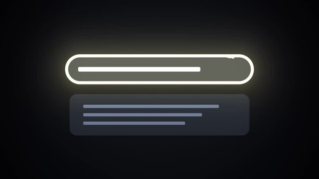 Animated glowing search bar with a blinking cursor and dynamic text message bubble appearing below, illustrating online communication, data input, and digital interaction.