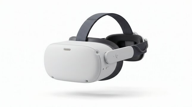 Virtual reality headset illustration, white VR goggles for gaming and metaverse exploration, modern augmented reality hardware on white background
