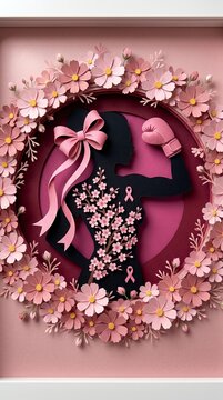 Breast cancer awareness concept featuring a strong woman silhouette with a pink boxing glove, cherry blossoms, and awareness ribbons in a detailed 3D paper cut art style.