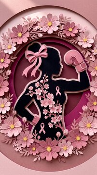 Breast cancer awareness concept featuring a strong woman silhouette with a pink boxing glove, cherry blossoms, and awareness ribbons in a detailed 3D paper cut art style.