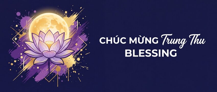 Mid Autumn Festival lotus moon background with purple watercolor splatters and gold geometric lines for Chuc Mung Trung Thu greeting banner celebrating traditional Vietnamese holiday blessing and joy.