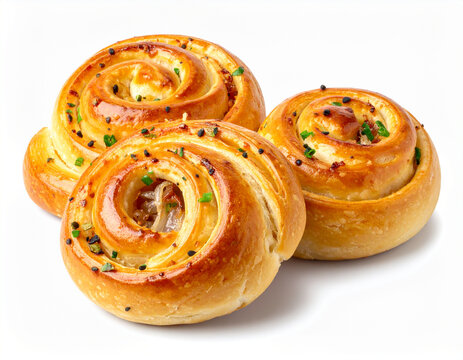 Fresh baked onion rolls, white background. AI