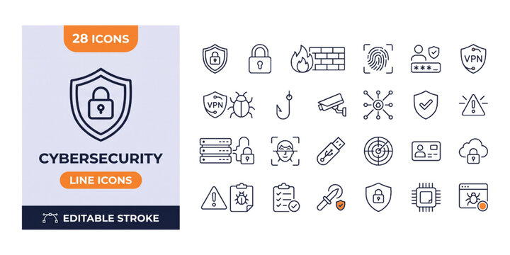 Cybersecurity Protection Icons &ndash; Digital Security and Data Privacy Line Set.
