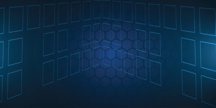 Abstract blue technology background with hexagon honeycomb pattern and floating rectangular frames, futuristic digital interface HUD, 3D perspective, copy space