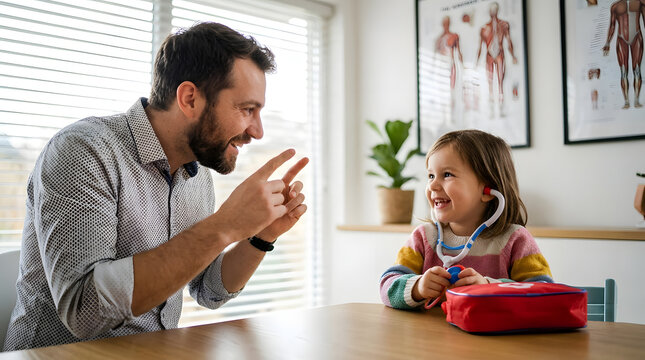 Little girl playing doctor with her smiling father using a toy stethoscope at home