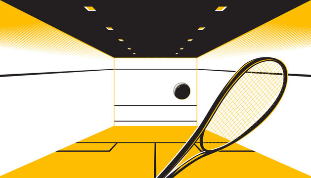 A squash racket and ball on court. Sport background
