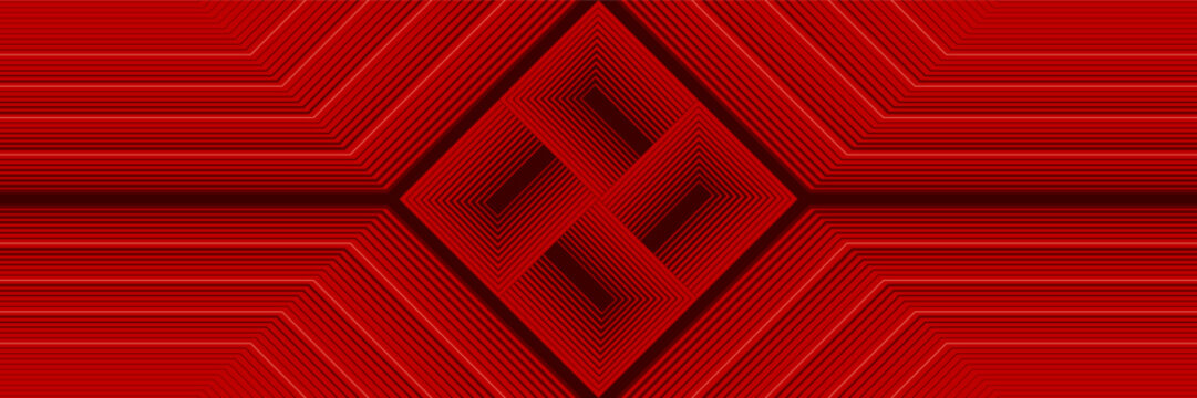 A symmetrical red abstract background with a gradient geometric pattern in the center and parallel lines forming angles on the left and right sides.