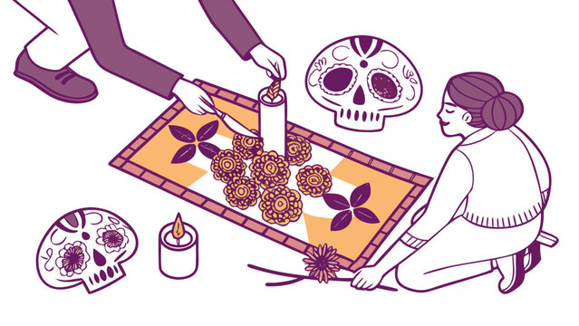 People creating a dia de los muertos altar with sugar skulls, candles, marigold flowers and butterflies for traditional mexican celebration