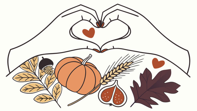 Hands forming heart shape above autumn harvest with pumpkin, fig, wheat, leaves and hearts symbolizing gratitude and thanksgiving