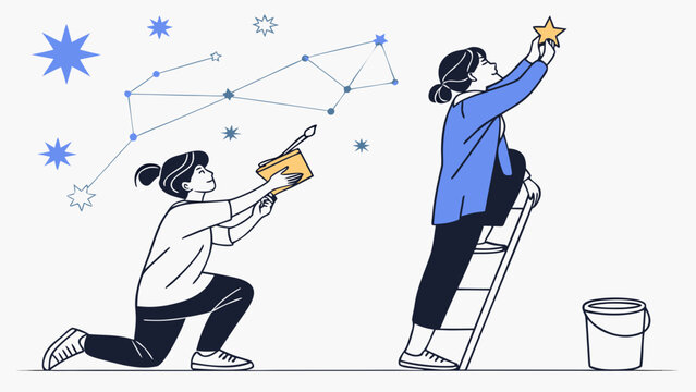 Teamwork reaching for stars and connecting ideas in a collaborative business concept with people building success together
