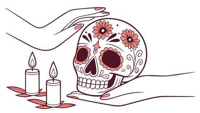 Hands holding decorated sugar skull with flowers and candles for dia de los muertos mexican tradition of remembrance and honoring ancestors