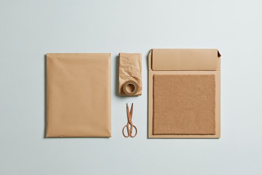 Kraft tan parcel and packaging materials arranged on a muted surface, a clean minimalist mockup for e-commerce and online shopping delivery