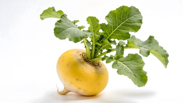 Fresh Whole Raw Yellow Root Vegetable with Green Leaves Isolated on White