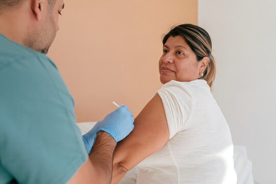 Measles vaccination being administered to a woman by a male nurse in a bright consulting room for public health and immunization campaigns