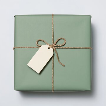 Gift box wrapped in pale green paper with a twine bow and blank tag, featuring a tactile matte finish for ecommerce mockup and packaging