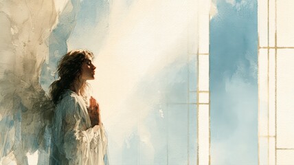 Obraz premium Watercolor Angel Messenger in Prayer Before Stained Glass, Memorial Sympathy Christian Art Background