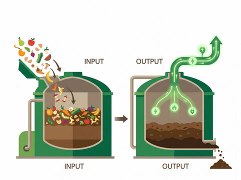  Flat vector infographic of industrial composting and organic waste recovery with copy space