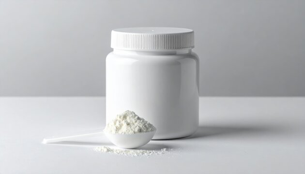 Blank white supplement jar with scoop of powder for health product packaging