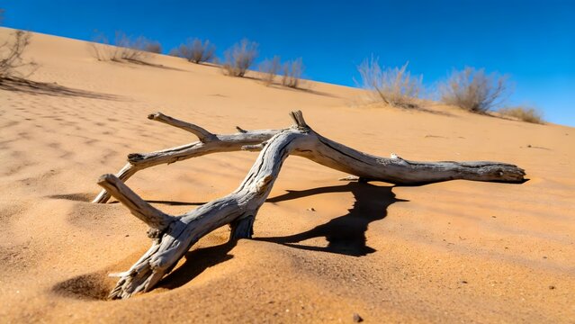 Sun bleached driftwood on desert sand dune under blue sky