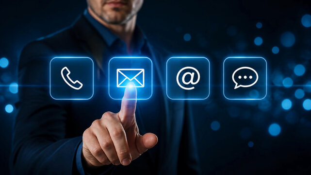 A businessman touching a digital email icon on a virtual touch screen.