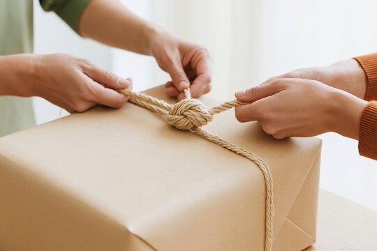 Twine being tied around a kraft paper parcel by hands, a careful tactile process for packaging and delivery service marketing
