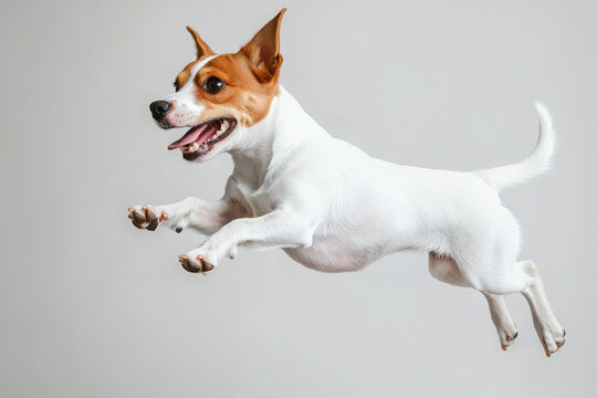 Jack Russell Terrier Jumping Mid-Air Isolated on White Background