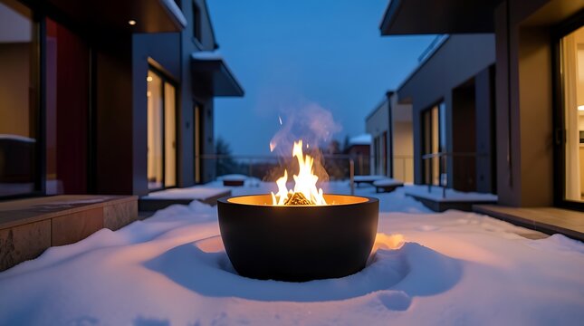 Outdoor fire pit with flames burning in snow between modern houses at night