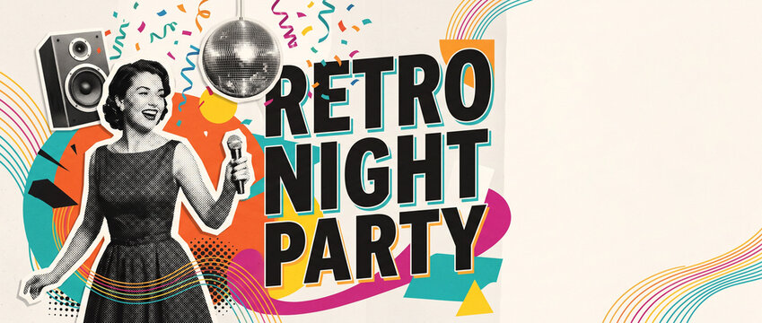 Retro collage style night party Banner, social media cover, website header deign with woman singer, disco ball, and speaker, vibrant pop art collage design for promotional use or website header