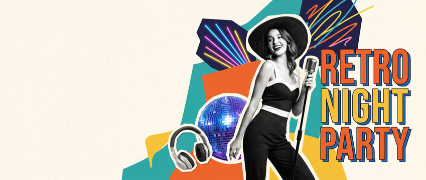 Retro style night party Banner, social media cover, website header deign with disco ball and headphones in collage style vintage fashion celebration vibrant graphic design elements